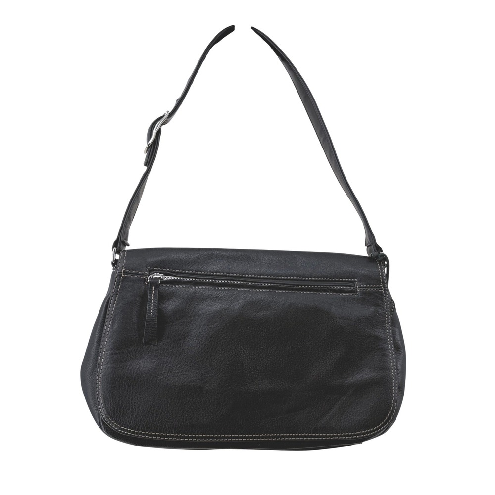 Liz‎ Claiborne Black Leather Shoulder Bag Contrast Stitch Flap Adjustable Strap
